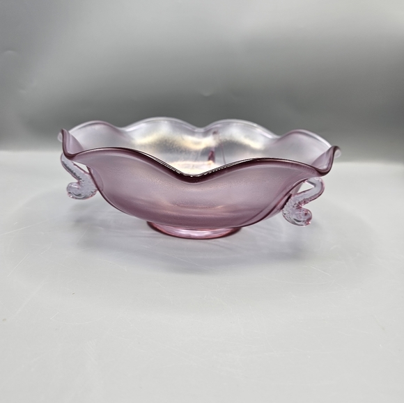 Fenton Pink Iridescent Stretch Hexagonal Bowl Dolphin Koi Fish Handles Signed - Picture 8 of 9